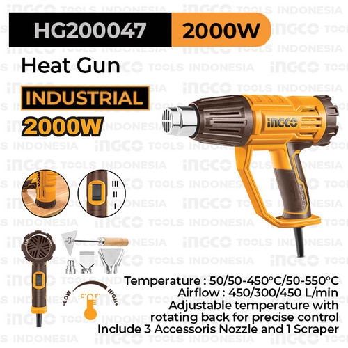 [EZM.8100216] Heat Gun (2000W 50-550°C) INGCO HG200047 Blower 3-Level Panas Hot Gun