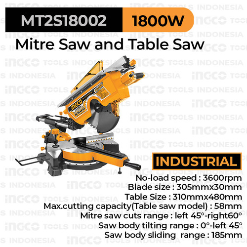 [EZM.8100341] 2-in-1 Mitre & Table Saw (12 Inch) INGCO MT2S18002 Sliding Combination