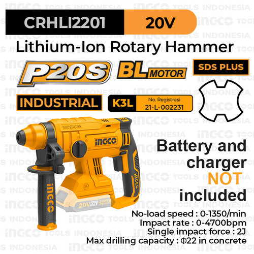 [EZM.8100399] P20S Brushless Rotary Hammer (2.0J) INGCO CRHLI2201 - Mesin Bor Bobok