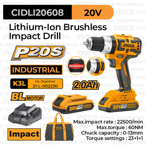 [EZM.8100698] P20S Brushless Impact Drill (13mm) INGCO CIDLI20608 - Bor Tembok Beton