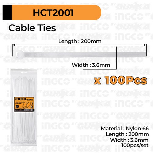 [EZM.8100409] 100-Pcs Cable Ties (20cm Putih) INGCO HCT2001 Tali Kabel Tis Tie Nylon
