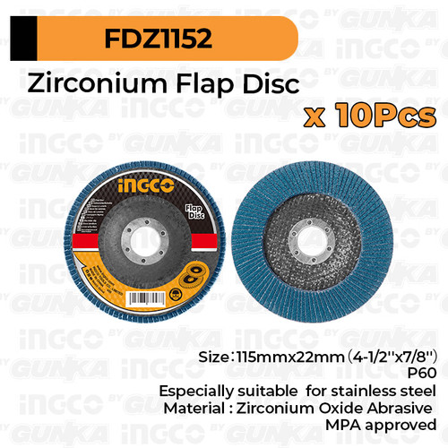 [EZM.8100424] 10-Pcs Zirconia Flap Disk (P60) INGCO FDZ1152 Mata Gerinda Stainless