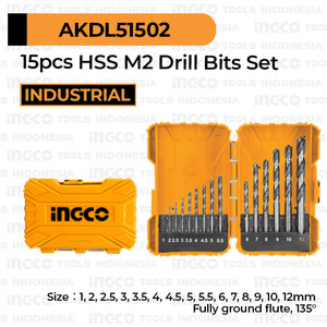 [EZM.8100429] 15-Pcs M2 HSS Drill Bit Set (1-12 mm) INGCO AKDL51502 Mata Bor Besi