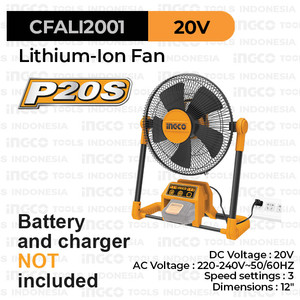[EZM.8100453] P20S Cordless Working Fan (12") INGCO CFALI2001 - Kipas Angin Baterai
