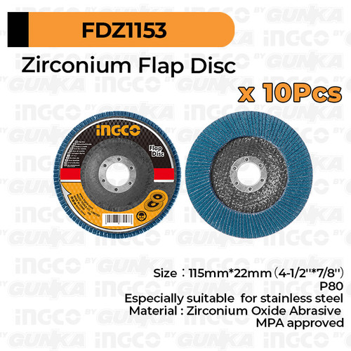 [EZM.8100456] 10-Pcs Zirconia Flap Disk (P80) INGCO FDZ1153 Mata Gerinda Stainless