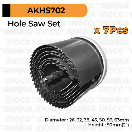 [EZM.8100534] 7-Pcs Hole Saw (26-63 mm) INGCO AKHS702 Mata Bor Holesaw Kayu Pipa PVC