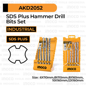 [EZM.8100551] 5-Pcs SDS Plus Hammer Drill Bits (6-12 mm) INGCO AKD2052 Mata Bor Bobok Tembok Beton
