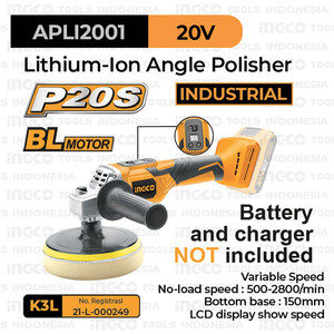 [EZM.8100572] P20S Brushless Angle Polisher (2800rpm) INGCO APLI2001 Mesin Poles Cat