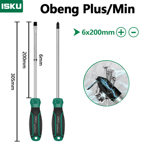[EZM.5500174] ISKU obeng set 2pcs 6*200 mm plus minus screwdriver set tip magnetik
