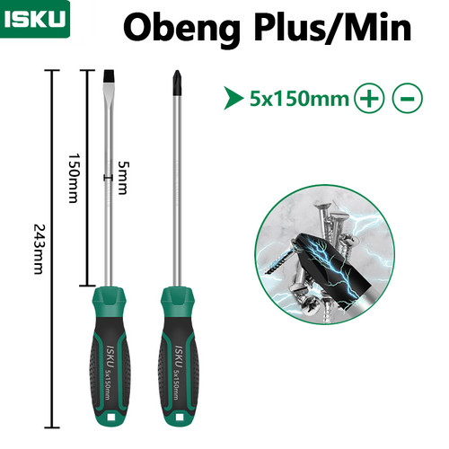 [EZM.5500177] ISKU obeng set 2pcs 5*150 mm plus minus screwdriver set tip magnetik