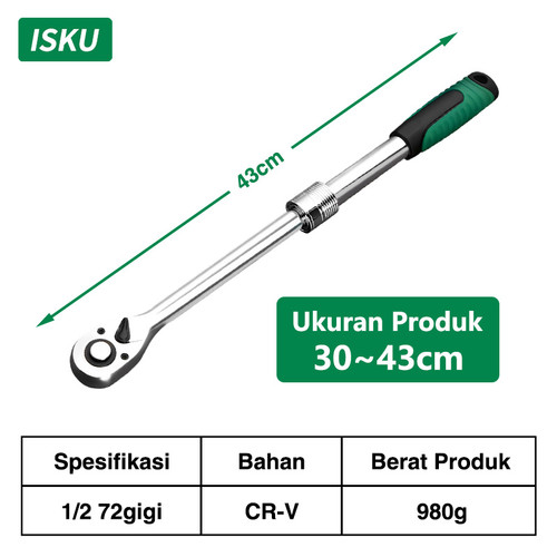 [EZM.5500210] ISKU Kunci Shock pas rachet 1/2 inch 72gigi Wrench ukuran 30-43cm