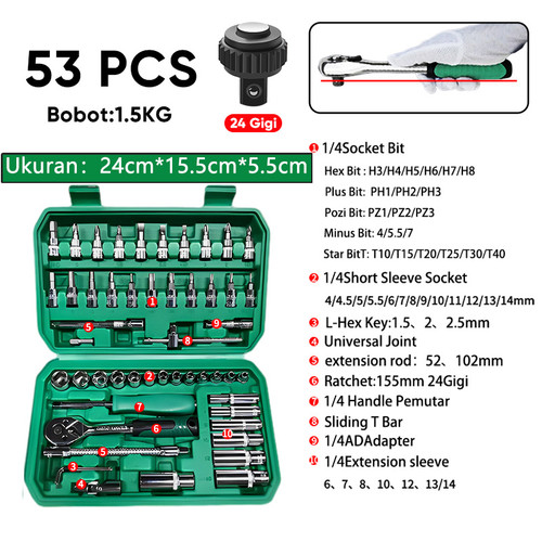 [EZM.5500252] ISKU Kunci Shock Set Kunci Mata Sok 53 PCS Set Socket 1/4 " Full tools