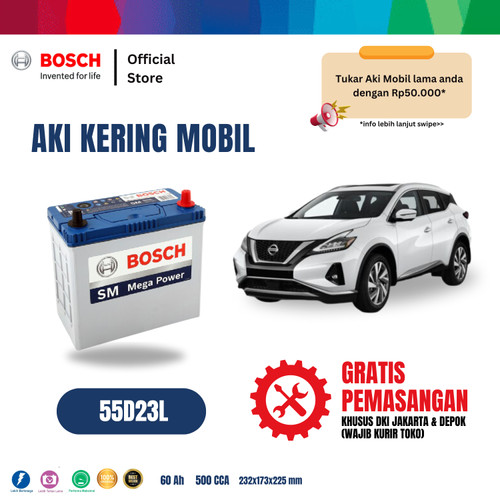[EZR.2400097] Aki Mobil Nissan Murano Bosch MF 55D23L Aki Kering Original