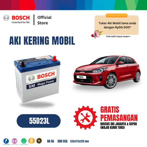 [EZR.2400098] Aki Mobil KIA All New Rio Bosch MF 55D23L Aki Kering Original