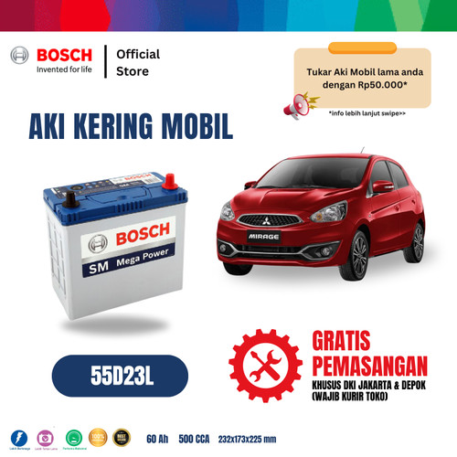 [EZR.2400102] Aki Mobil Mitsubishi Mirage Bosch MF 55D23L Aki Kering Original