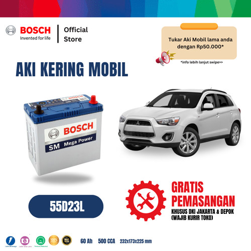 [EZR.2400103] Aki Mobil Mitsubishi Outlander Bosch MF 55D23L Aki Kering Original