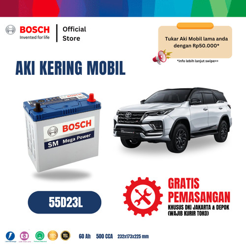 [EZR.2400104] Aki Mobil Fortuner Bensin Bosch MF 55D23L Aki Kering Original