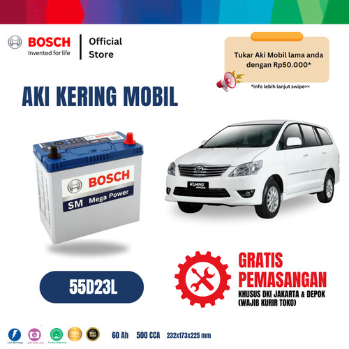 [EZR.2400105] Aki Mobil Kijang Innova Bensin Bosch MF 55D23L Aki Kering Original