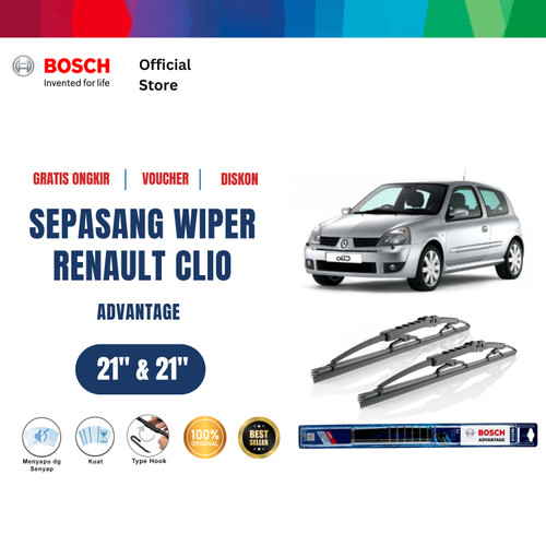 [EZR.2400602] Bosch Sepasang Wiper Kaca Mobil Renault Clio BB/CB/SB (2007) 21 dan 21 Inci