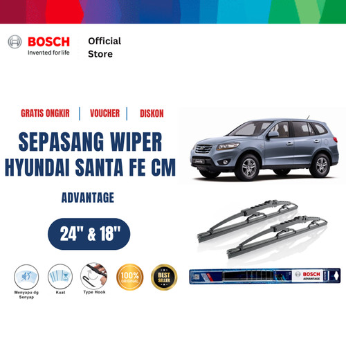 [EZR.2400648] Bosch Sepasang Wiper Kaca Mobil Hyundai Santa Fe CM 2006-2009 Size 24 dan 18 Inci