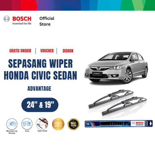 [EZR.2400723] Bosch Sepasang Wiper Kaca Mobil Honda Civic Sedan FA 2005-on 24 dan 19 Inci