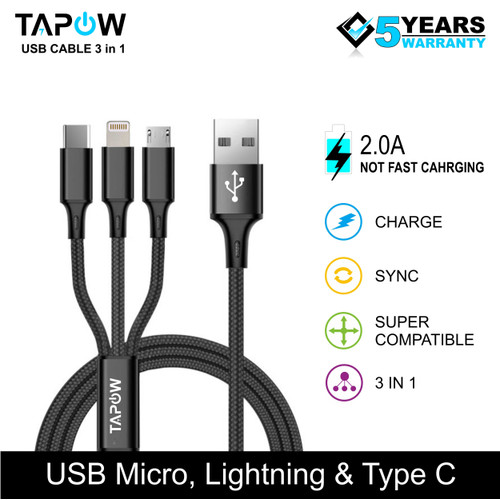 [EZM.4200166] KABEL FAST CHARGING 3 IN 1 MICRO TYPE-C LIGHTNING TAPOW CB098-BLK