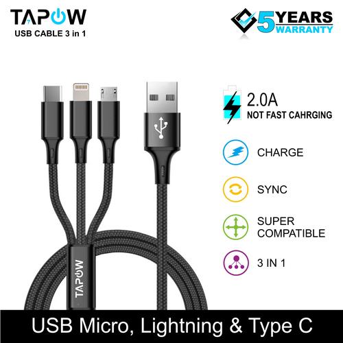 [EZM.4200166] KABEL FAST CHARGING 3 IN 1 MICRO TYPE-C LIGHTNING TAPOW CB098-BLK