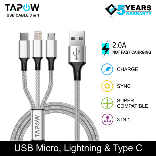[EZM.4200167] KABEL FAST CHARGING 3 IN 1 MICRO TYPE-C LIGHTNING TAPOW CB098-SLV