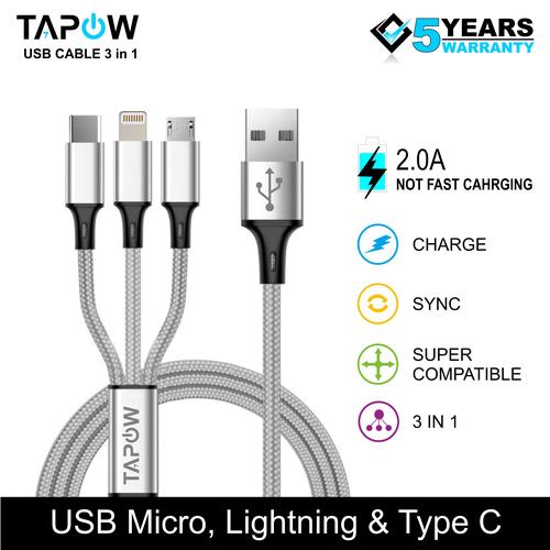 [EZM.4200167] KABEL FAST CHARGING 3 IN 1 MICRO TYPE-C LIGHTNING TAPOW CB098-SLV