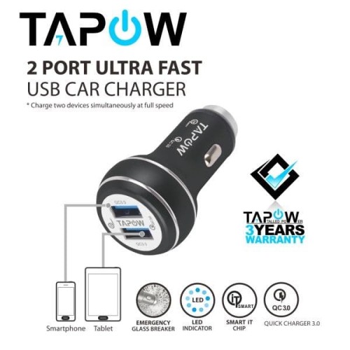 [EZM.4200168] CAR CHARGER 2PORT USB QUICK CHARGING 3.0 TAPOW AUFC017-BLK
