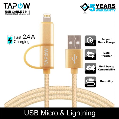 [EZM.4200169] KABEL DATA FAST CHARGING 2 IN 1 MICRO USB LIGHTNING TAPOW CB065-GLD