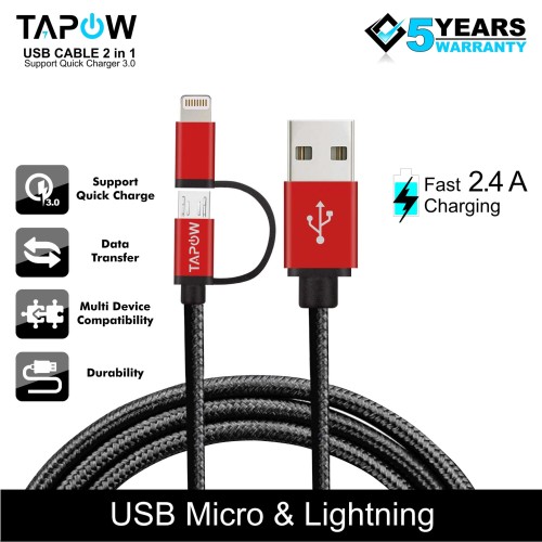 [EZM.4200170] KABEL DATA FAST CHARGING 2 IN 1 MICRO USB LIGHTNING TAPOW CB065-RB