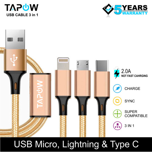 [EZM.4200172] KABEL FAST CHARGING 3 IN 1 MICRO TYPE-C LIGHTNING TAPOW CB098-GLD
