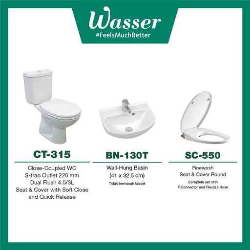 Promo Paket Wasser Closet CT-315, Basin BN-130T dan FineWash SC-550