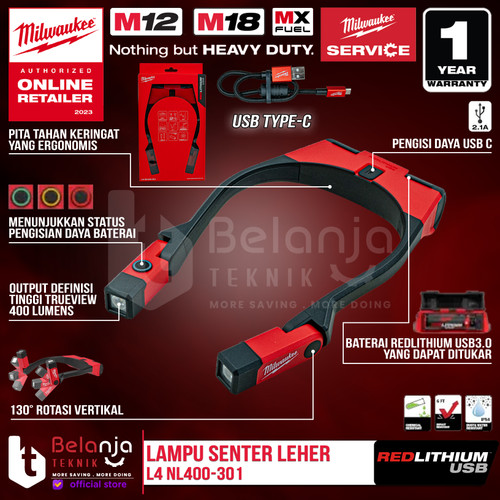[EZM.3505658] Milwaukee Led USB Neck Light L4 NL400-301 Senter Lampu Leher 400 Lumen