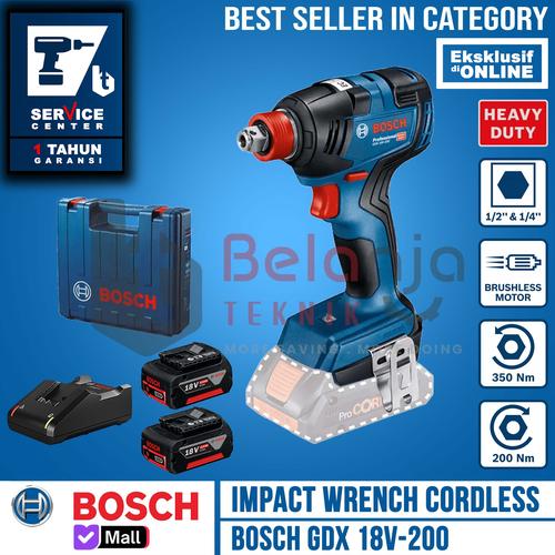[EZM.3505864] Bosch Mesin Impact Wrench Cordless GDX 18V-200 Charger Baterai X2 18V