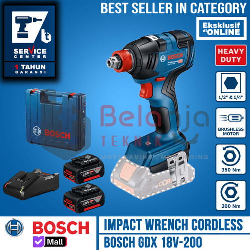 [EZM.3505864] Bosch Mesin Impact Wrench Cordless GDX 18V-200 Charger Baterai X2 18V