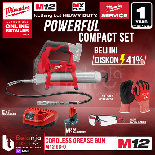 [EZM.3501087] Milwaukee Grease Gun Cordless M12 GG-0 Pompa Gemuk Baterai Set 12V 6AH