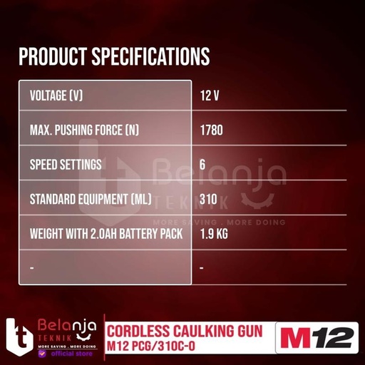 Milwaukee Lem Tembak Silicone Caulking Gun M12 PCG-310C Set 12V 6 AH