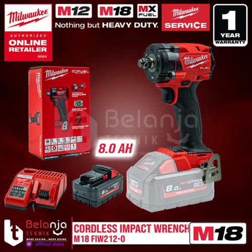 [EZM.3501110] Milwaukee Impact Wrench Baterai M18 FIW212-0 1/2 Inch Set 18 V 8 Ah