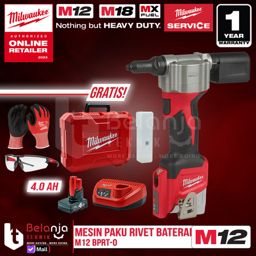 [EZM.3501357] Milwaukee Mesin Paku Tembak Rivet Gun Baterai M12 BPRT-0 Set 12 V 4 AH