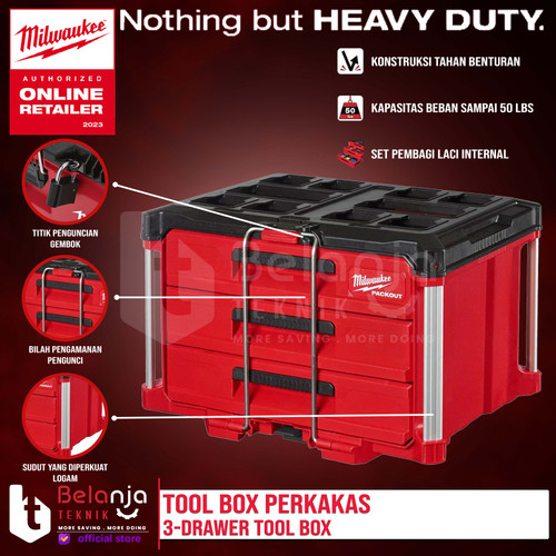 [EZM.3501379] Milwaukee Packout 3 Drawer Tool Box Toolbox 3 Susun Tempat Perkakas