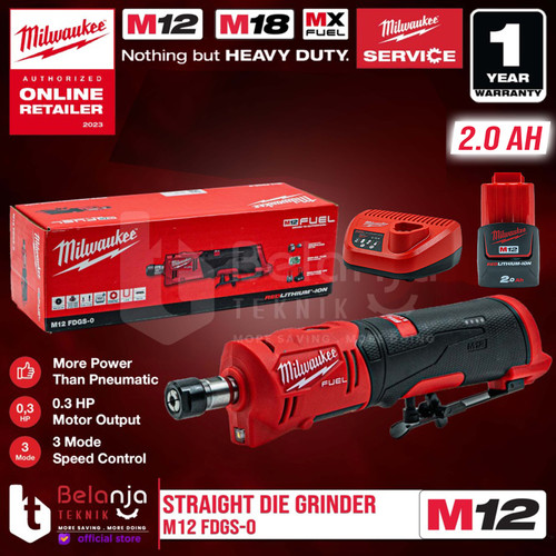 [EZM.3501395] Milwaukee Gerinda Baterai M12 FDGS-0 Straight Die Grinder Set 12V 2 AH