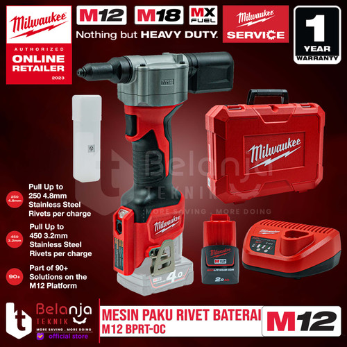 [EZM.3501399] Milwaukee Mesin Paku Tembak Rivet Gun Baterai M12 BPRT-0 Set 12 V 2 AH