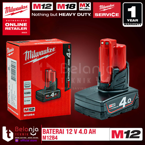 [EZM.3501402] Milwaukee Battery M12 B4 Baterai 12 Volt 4 AH 12V M12B4 REDLithium Ion