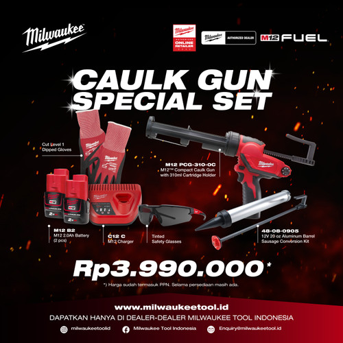 [EZM.3501408] Milwaukee Tembakan Lem Baterai M12 PCG-310C Caulking Gun Set 12 V 2 AH