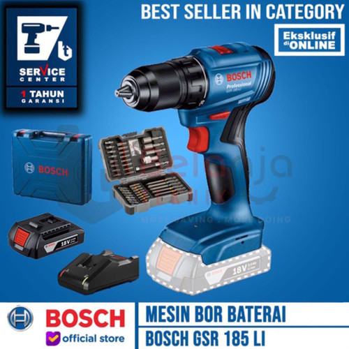 [EZM.3501489] Bosch Mesin Bor Baterai Cordless Drill GSR 185 LI + Mata Obeng 43 Pcs