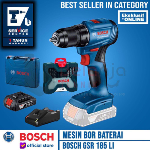 [EZM.3501493] Bosch Mesin Bor Baterai Cordless Drill GSR 185 LI 18V + X-line 33 Pcs
