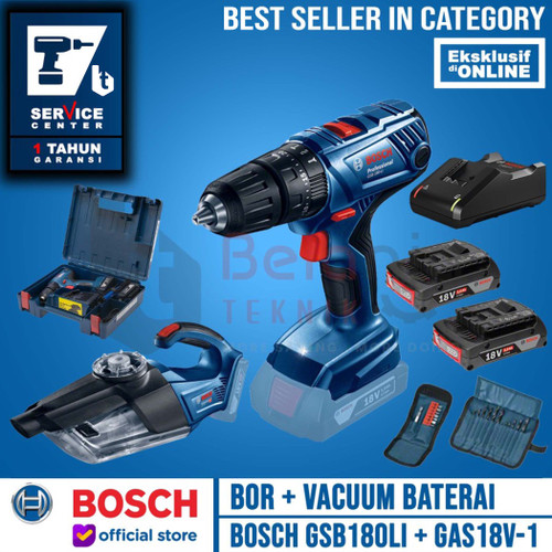 Bosch Bor Tembok Cordless GSB 180 LI + GAS 18V-1 Li Vacum Baterai