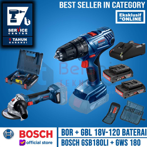 Bosch Bor Tembok Baterai Cordless GSB 180 LI + GWS 180 Gerinda Baterai